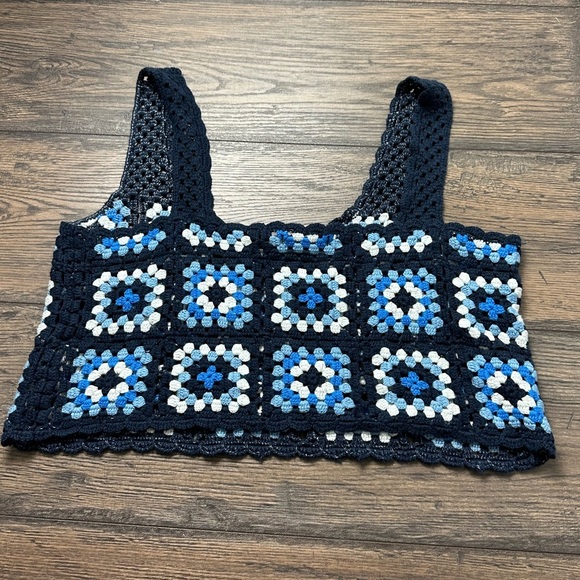 Sincerely Jules Navy and Light Blue Crochet Crop Top - Picture 1 of 3